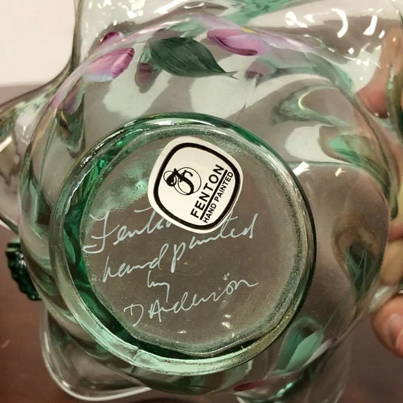 Fenton Green Glass Basket Set with Pink Floral Design